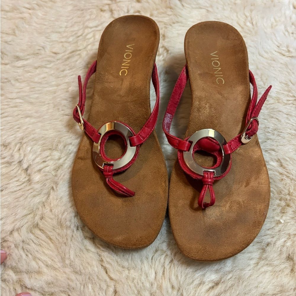 Vionic Red Tan Wedge Sandals with Metallic Accent - Picture 3 of 8
